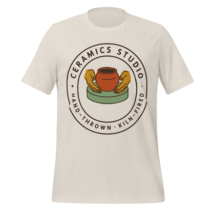 Ceramics Studio Badge hand-thrown pottery t-shirt — Heather Dust, front