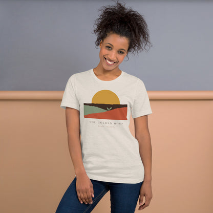 The Golden Hour birth worker doula t-shirt — Heather Dust, on model
