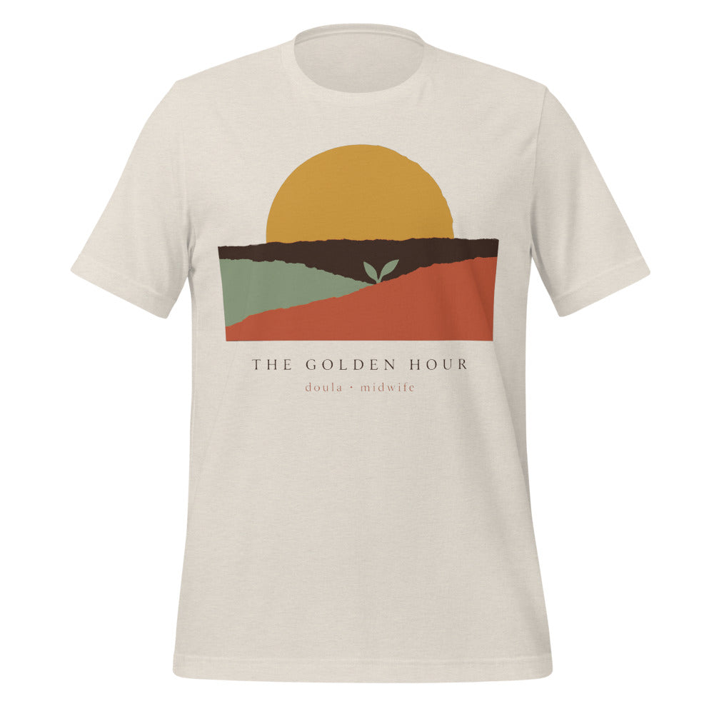 The Golden Hour birth worker doula t-shirt — Heather Dust, front