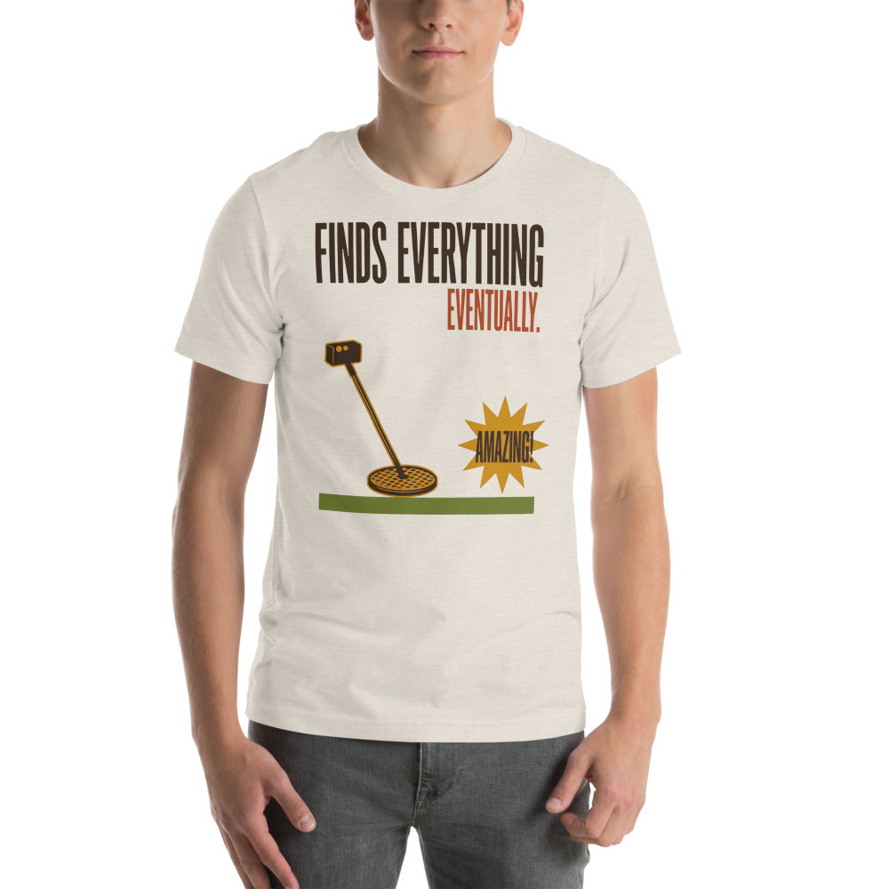 Finds Everything Eventually retro metal detecting tee — Heather Dust, on model