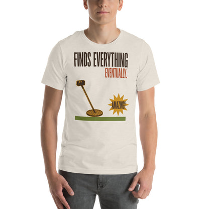 Finds Everything Eventually retro metal detecting tee — Heather Dust, on model