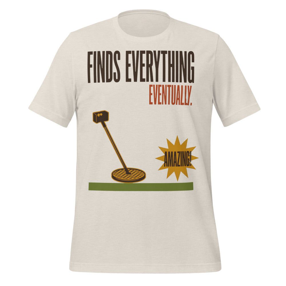 Finds Everything Eventually retro metal detecting tee — Heather Dust, front