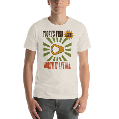 Today's Find pull tab retro metal detecting tee — Heather Dust, on model