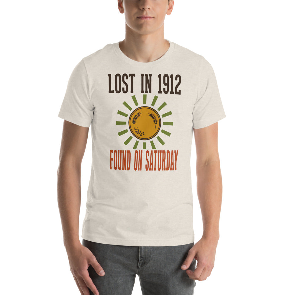 Lost in 1912 Found on Saturday retro metal detecting tee — Heather Dust, on model