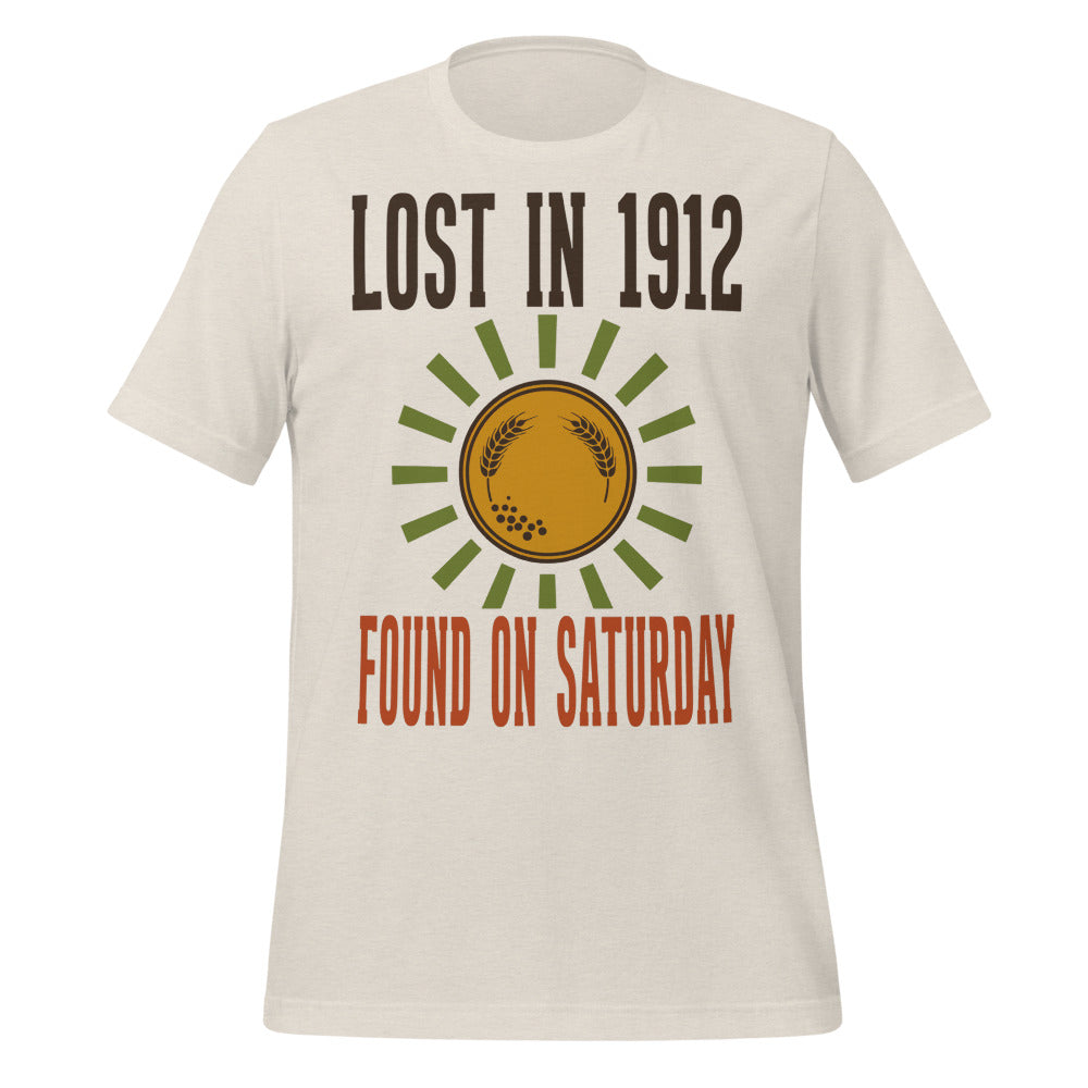 Lost in 1912 Found on Saturday retro metal detecting tee — Heather Dust, front