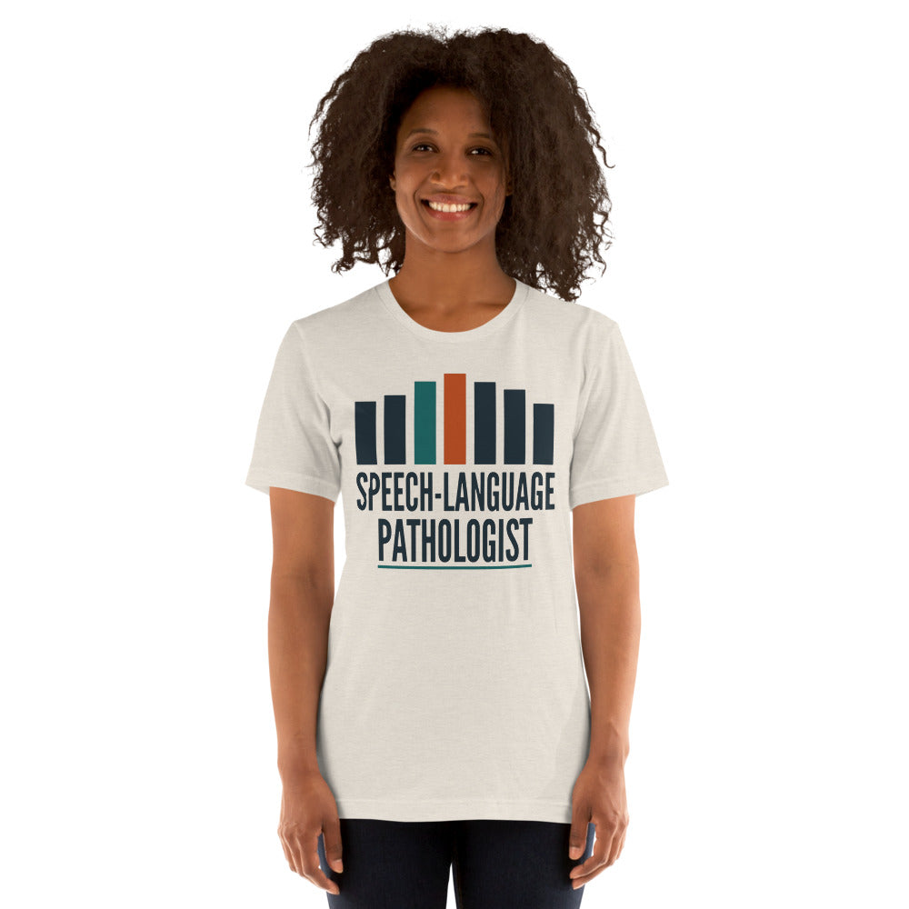 Mid-Century Clinic speech therapy tee — Heather Dust, on model