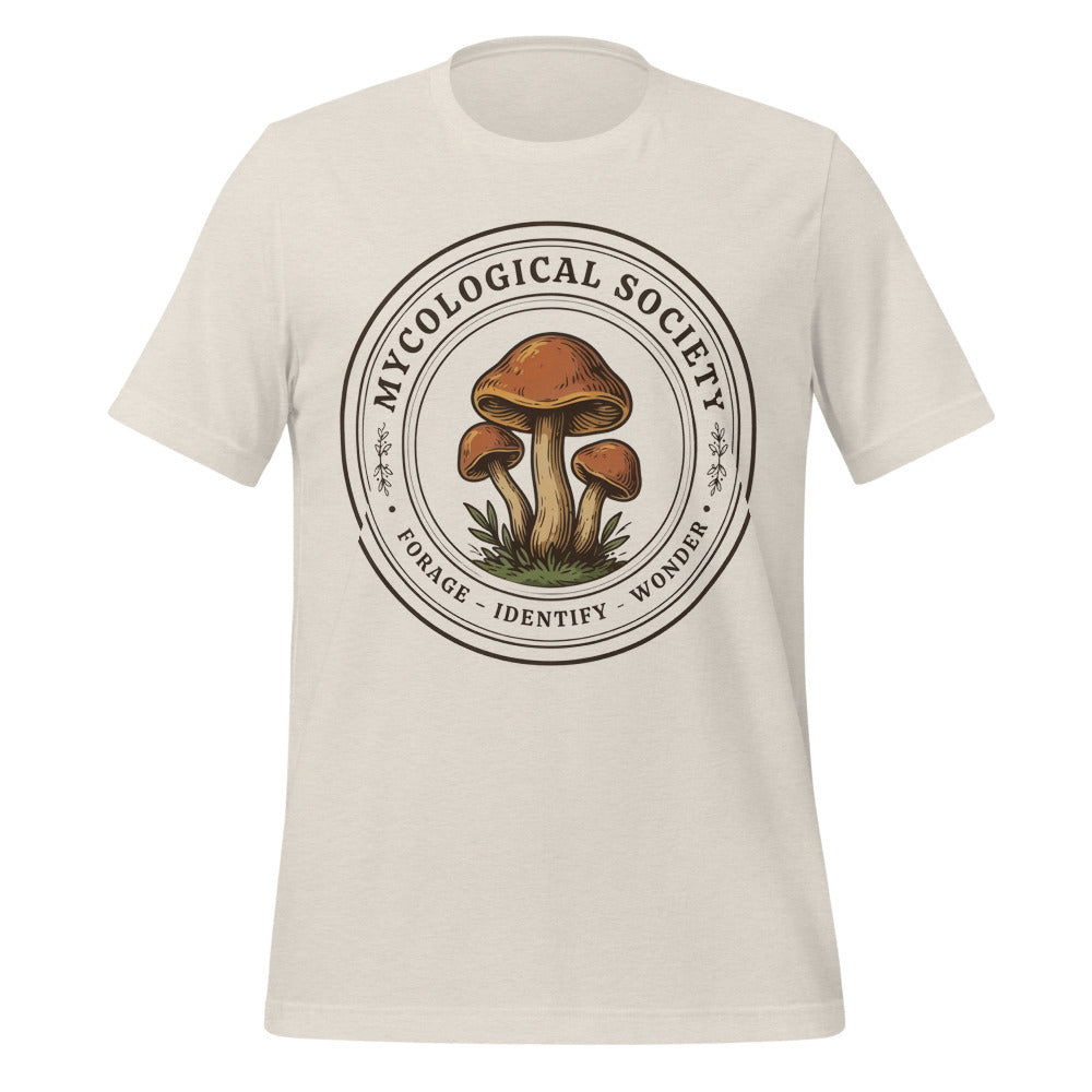 Mushroom Foraging Mycological Society vintage botanical tee — Heather Dust, front