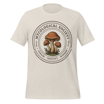 Mushroom Foraging Mycological Society vintage botanical tee — Heather Dust, front
