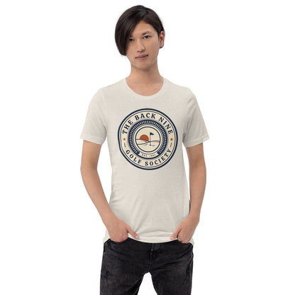 The Back Nine vintage golf roundel tee — Heather Dust, on model