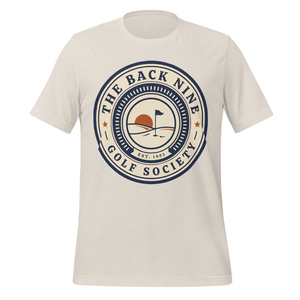 The Back Nine vintage golf roundel tee — Heather Dust, front