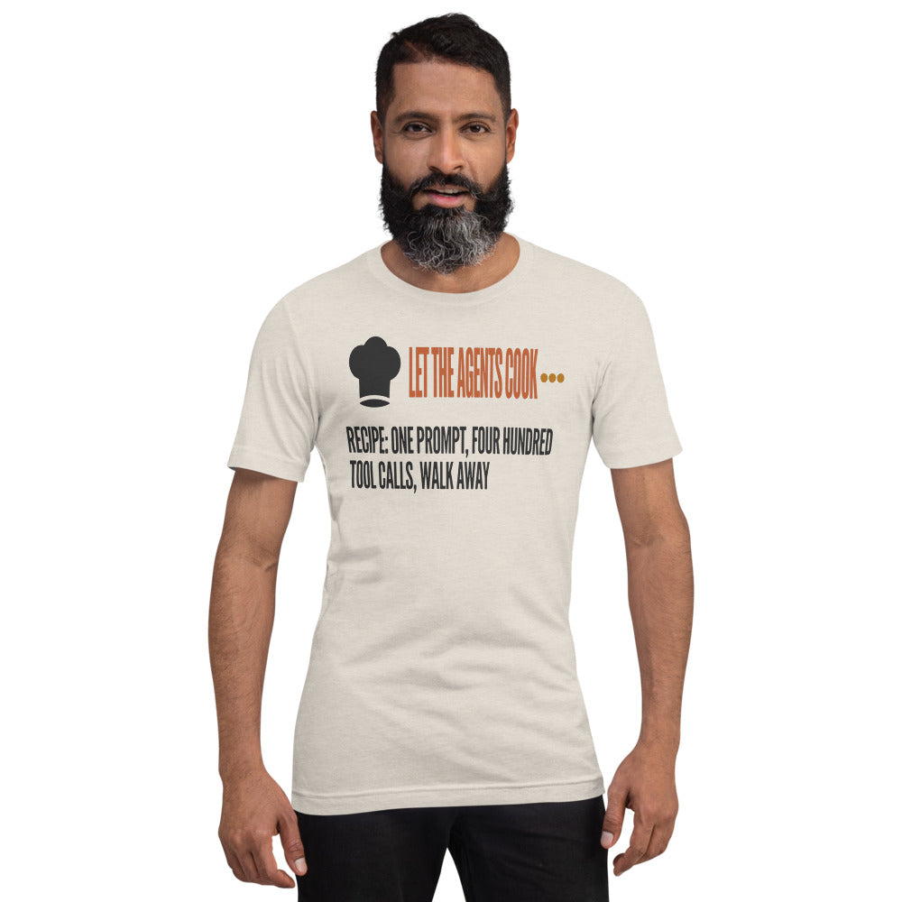 Let The Agents Cook tee — Heather Dust, on model