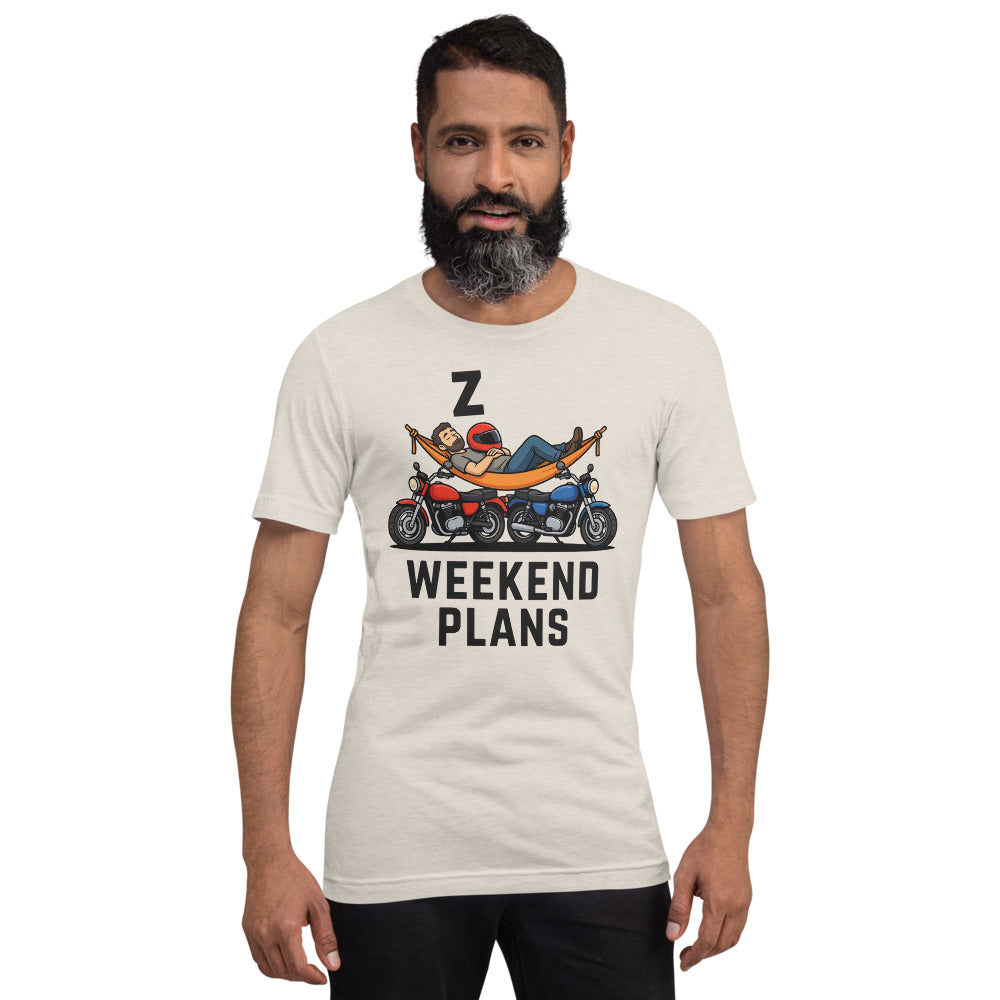 Weekend Plans funny motorcycle dad tee — Heather Dust, on model