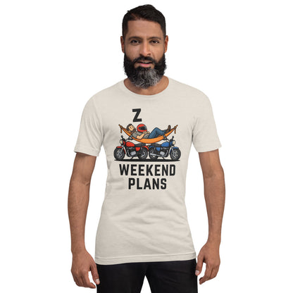 Weekend Plans funny motorcycle dad tee — Heather Dust, on model