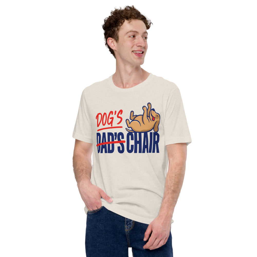 Dog's Chair funny dog dad tee — Heather Dust, on model