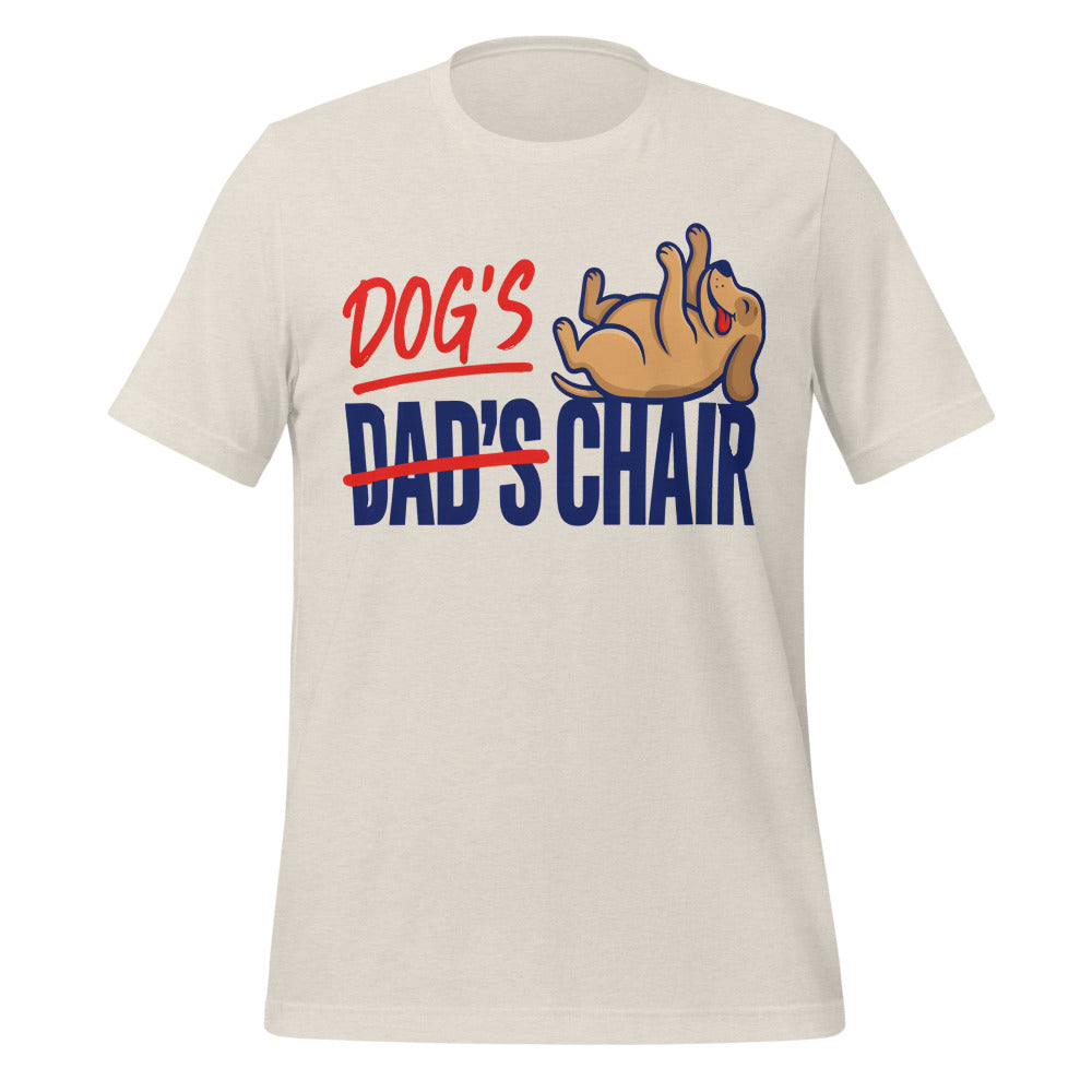 Dog's Chair funny dog dad tee — Heather Dust, front