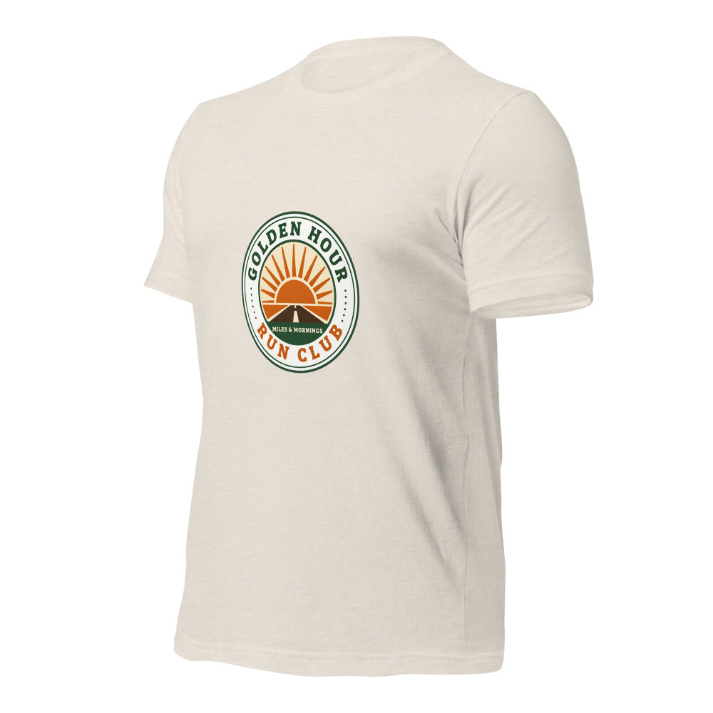 Golden Hour Run Club retro running tee — Heather Dust, front-right