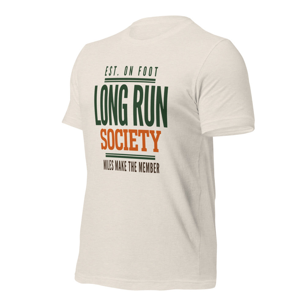 Long Run Society retro running tee — Heather Dust, front-right