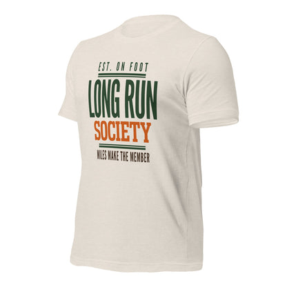 Long Run Society retro running tee — Heather Dust, front-right