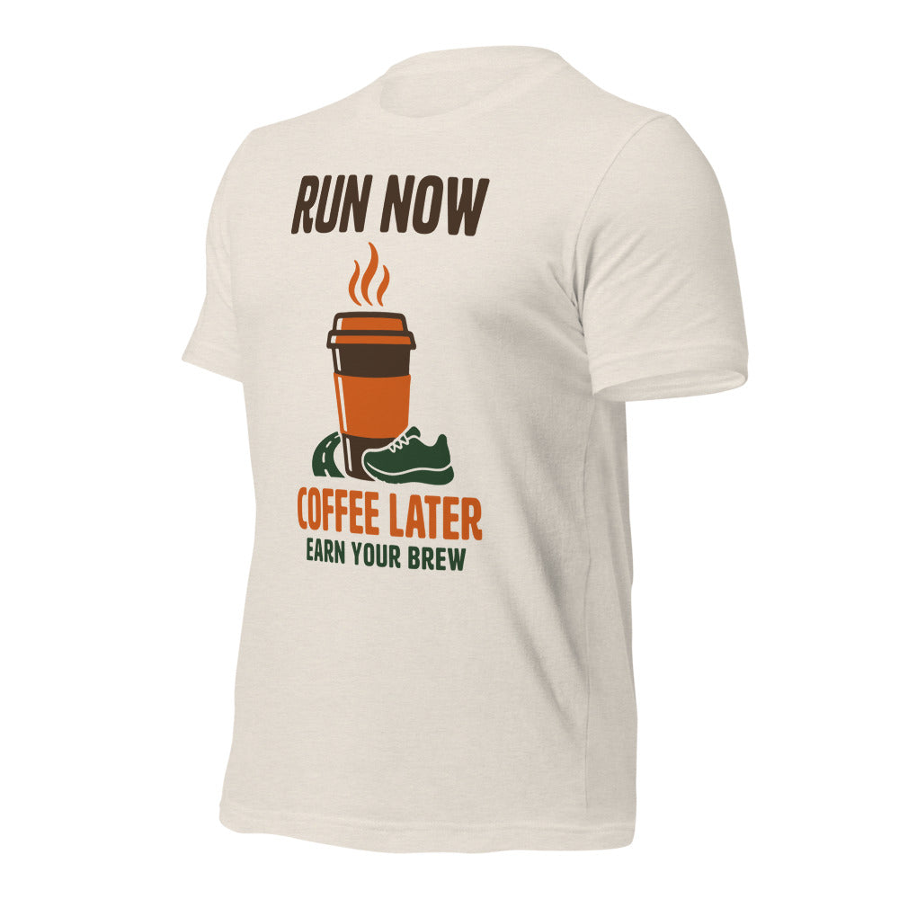 Run Now Coffee Later funny running tee — Heather Dust, front-right