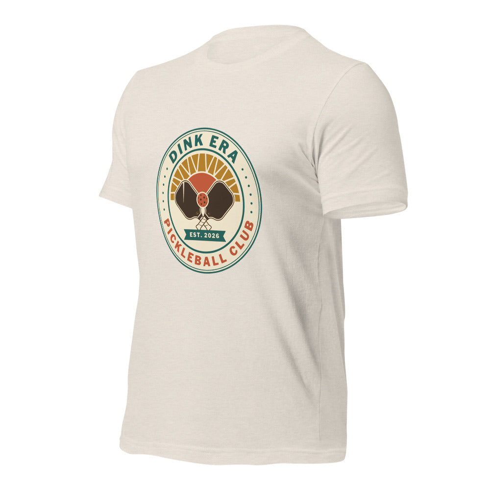 Dink Era Pickleball Club retro tee — Heather Dust, front-right