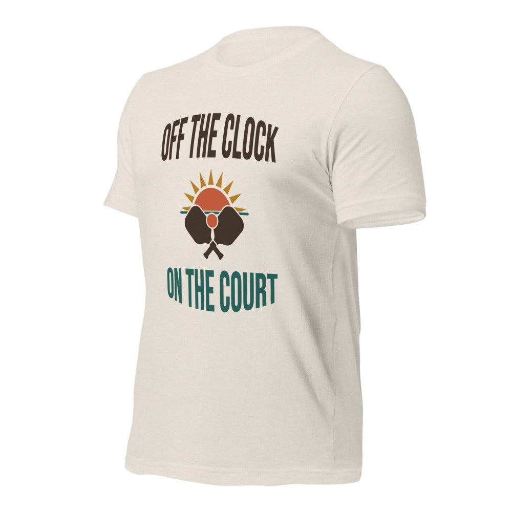 Off The Clock On The Court retro pickleball tee — H. Dust, side