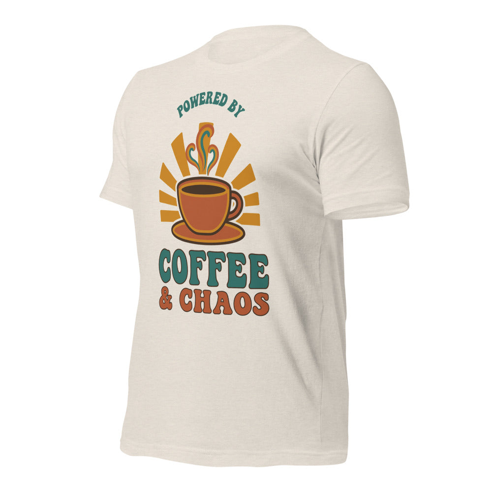 Powered By Coffee And Chaos retro groovy teacher tee — Heather Dust, front right angle