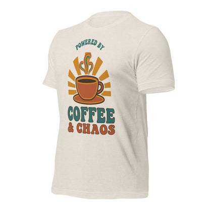 Powered By Coffee And Chaos retro groovy teacher tee — Heather Dust, front right angle
