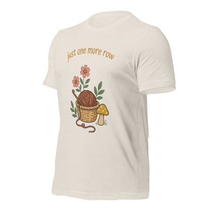Just One More Row crochet cottagecore tee — Heather Dust, front-right