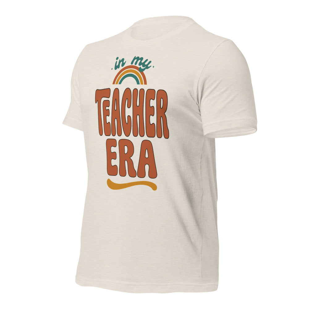 In My Teacher Era retro groovy teacher tee — Heather Dust, front right