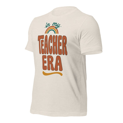 In My Teacher Era retro groovy teacher tee — Heather Dust, front right