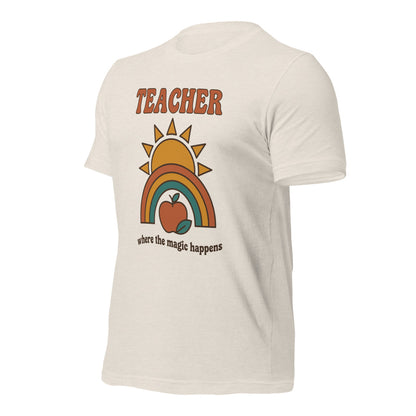Teacher Where The Magic Happens retro groovy teacher tee — Heather Dust, front angle