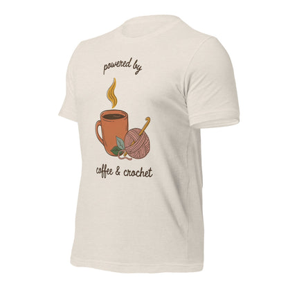 Powered by Coffee and Crochet cottagecore crochet tee — Heather Dust, front right