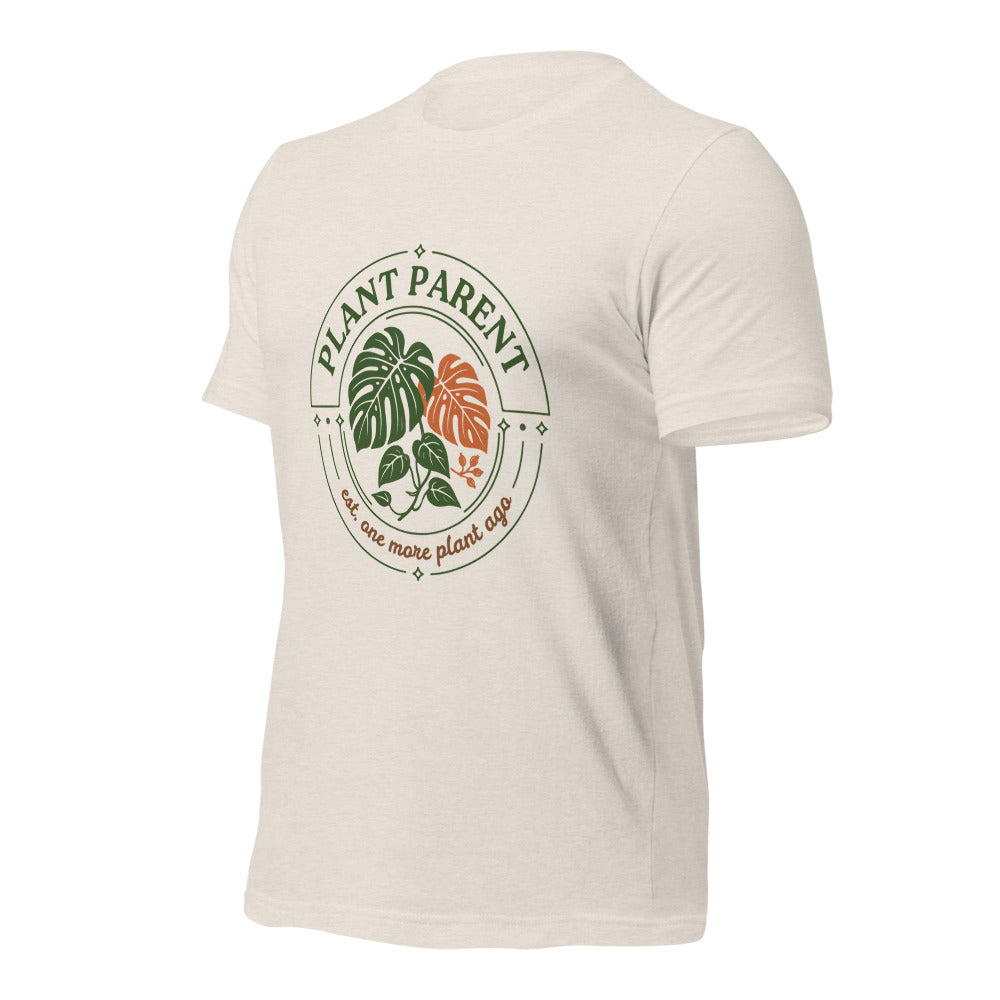 Plant Parent retro botanical badge tee — Heather Dust, front right