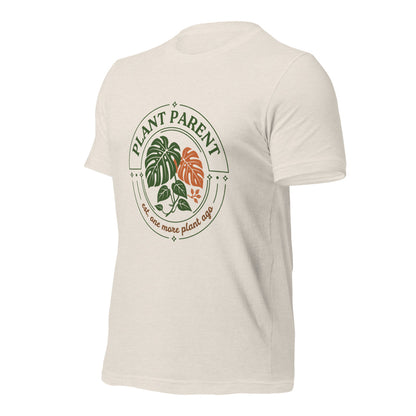 Plant Parent retro botanical badge tee — Heather Dust, front right