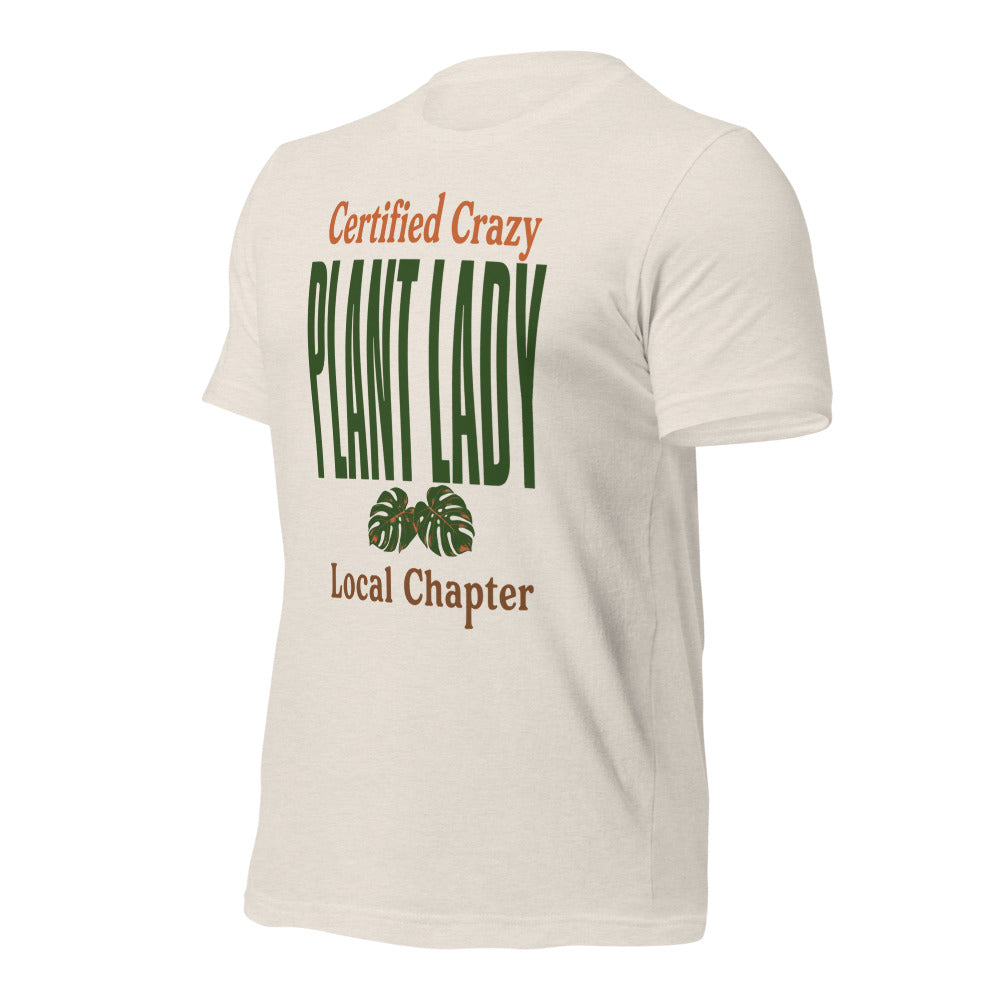 Certified Crazy Plant Lady retro botanical tee — Heather Dust, front right