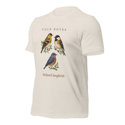 Backyard Songbirds vintage field-guide tee — Heather Dust, front-right