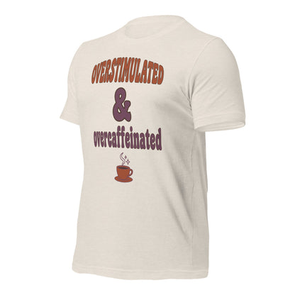 Overstimulated & Overcaffeinated soft retro coffee mental health tee — Heather Dust, front-right