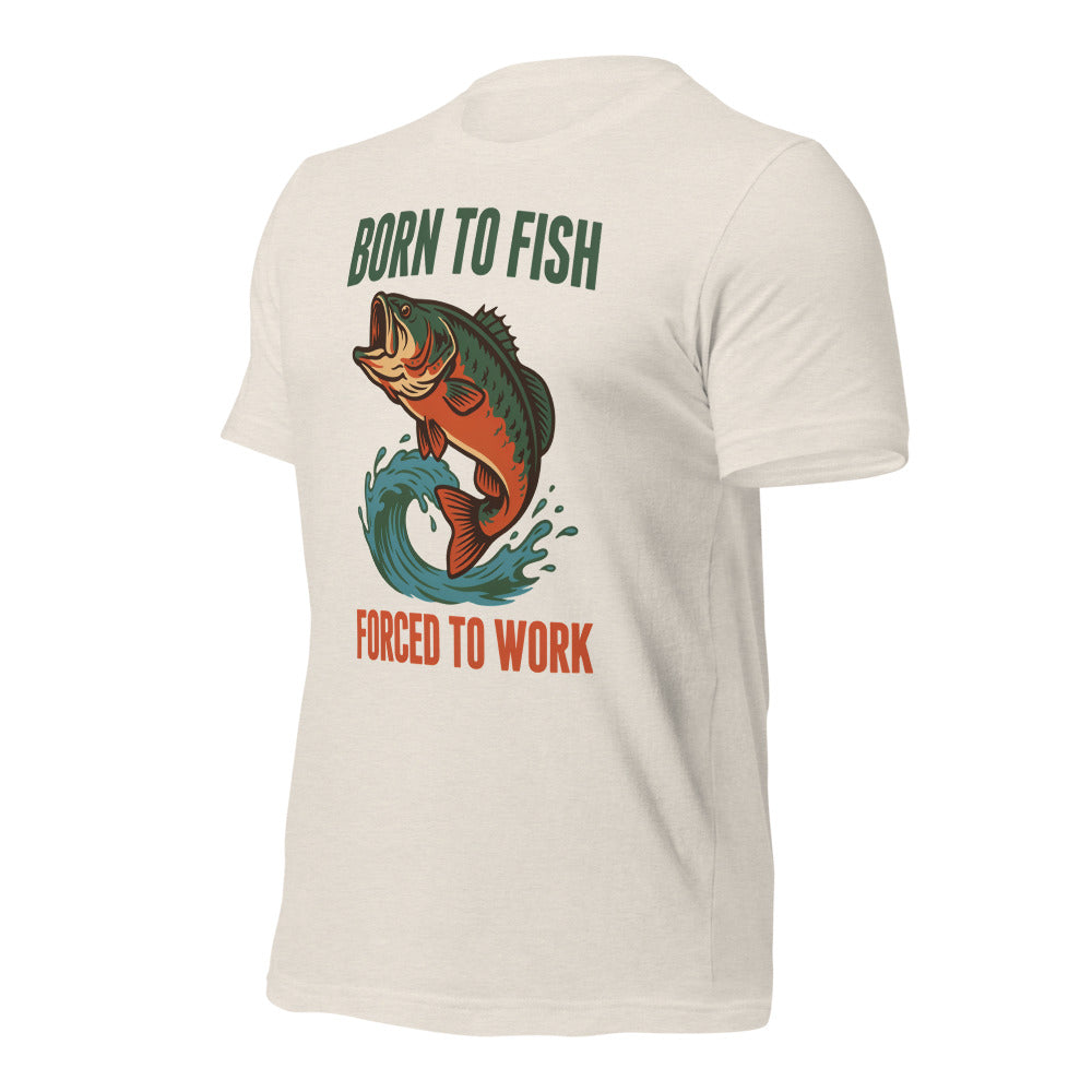 Born to Fish Forced to Work retro fishing humor tee — Heather Dust, front-right