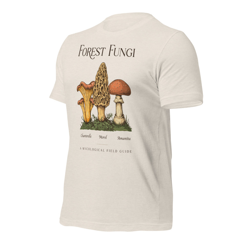 Forest Fungi vintage mushroom field guide tee — Heather Dust, front-right