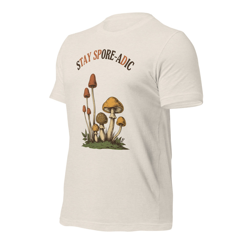 Stay Spore-adic funny vintage mushroom tee — Heather Dust, front-right