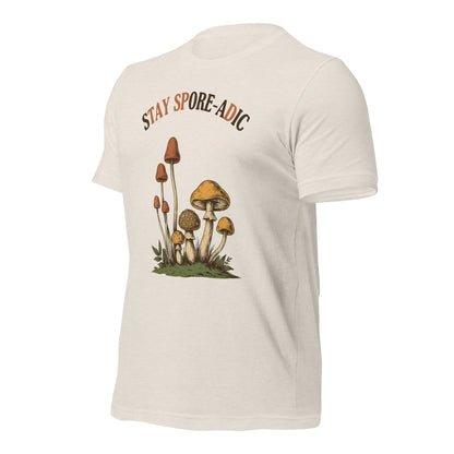 Stay Spore-adic funny vintage mushroom tee — Heather Dust, front-right