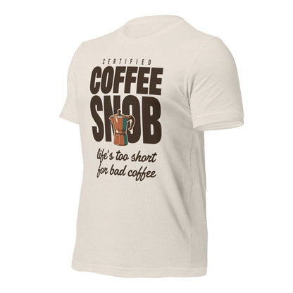Certified Coffee Snob coffee tee — Heather Dust, front-right