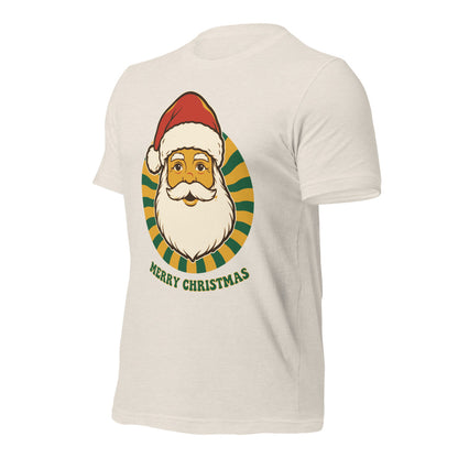 Groovy Santa retro Christmas tee — Heather Dust, front-right