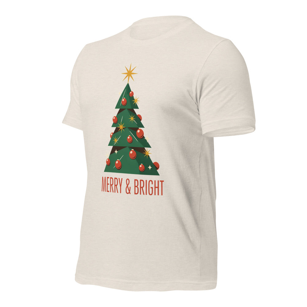 Atomic mid-century retro Christmas tree tee — Heather Dust, front-right