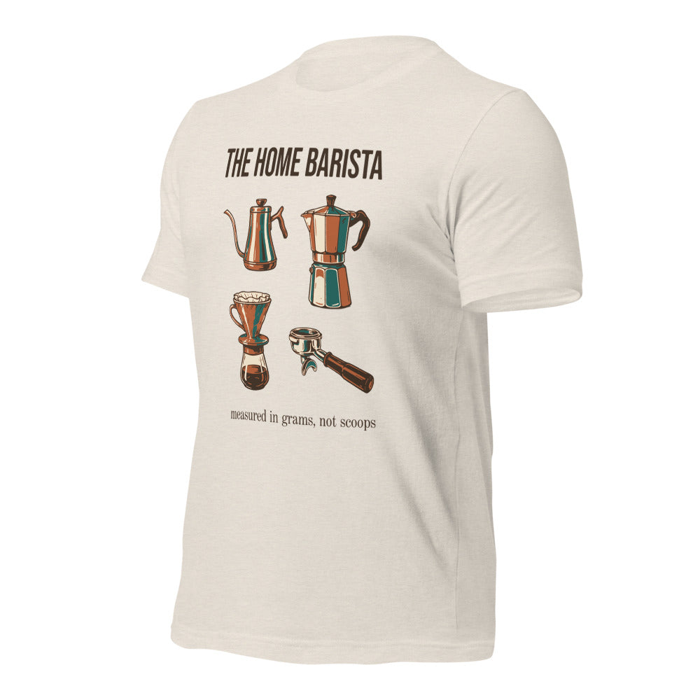 The Home Barista specialty coffee tee — Heather Dust, front-right