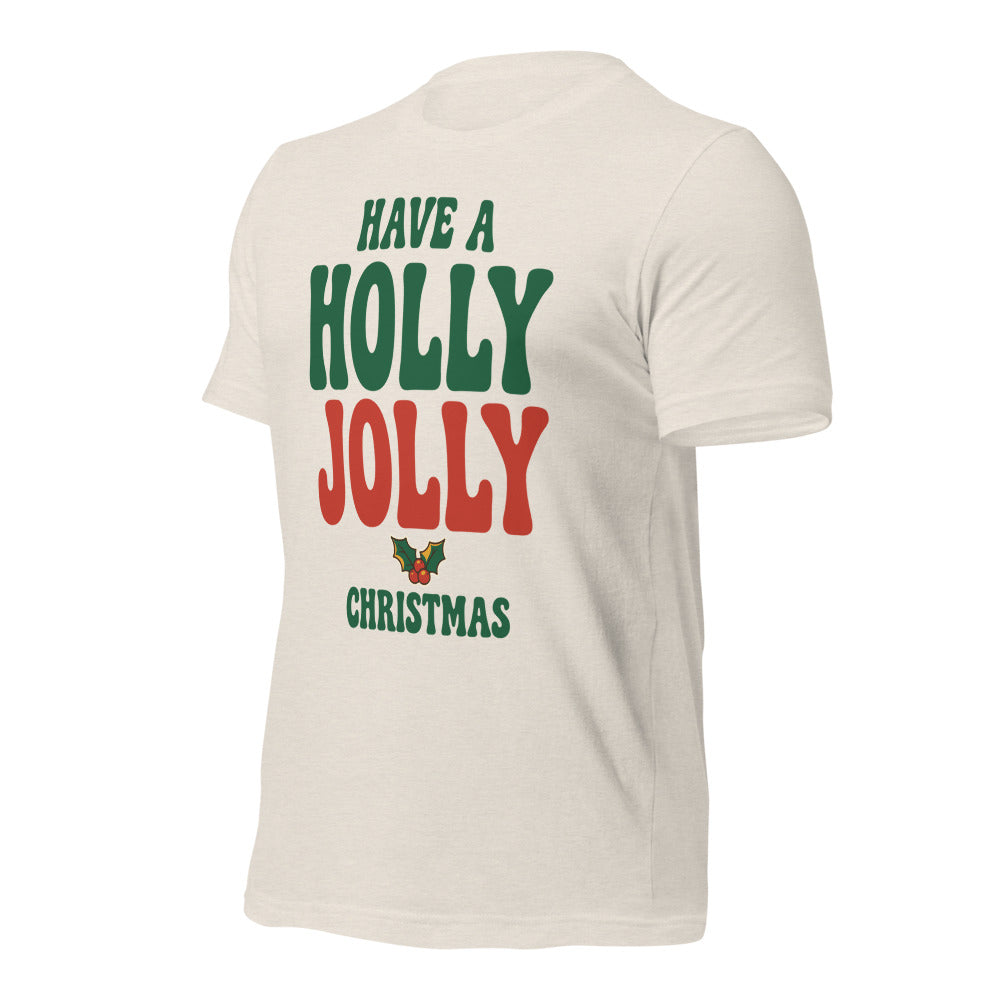 Groovy Holly Jolly retro Christmas tee — Heather Dust, front-right