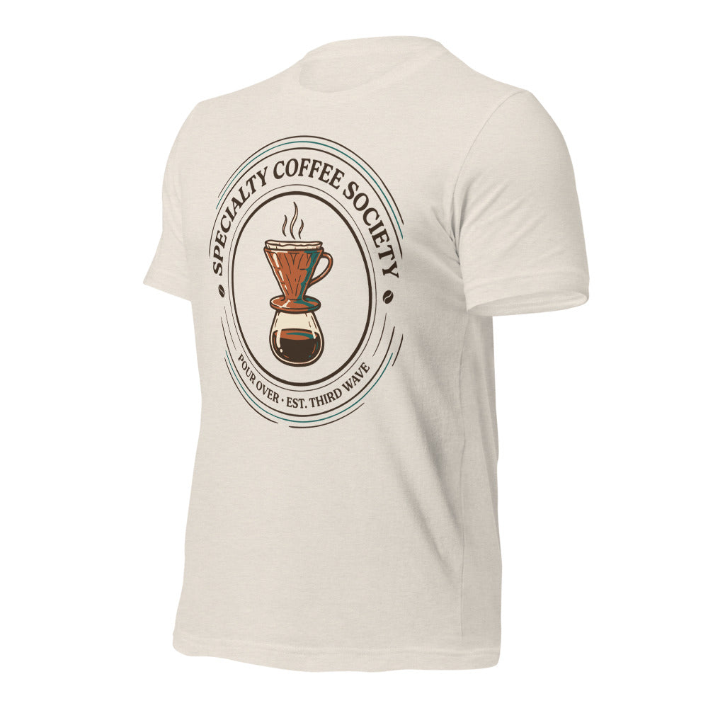Specialty Coffee Society specialty coffee tee — Heather Dust, front-right