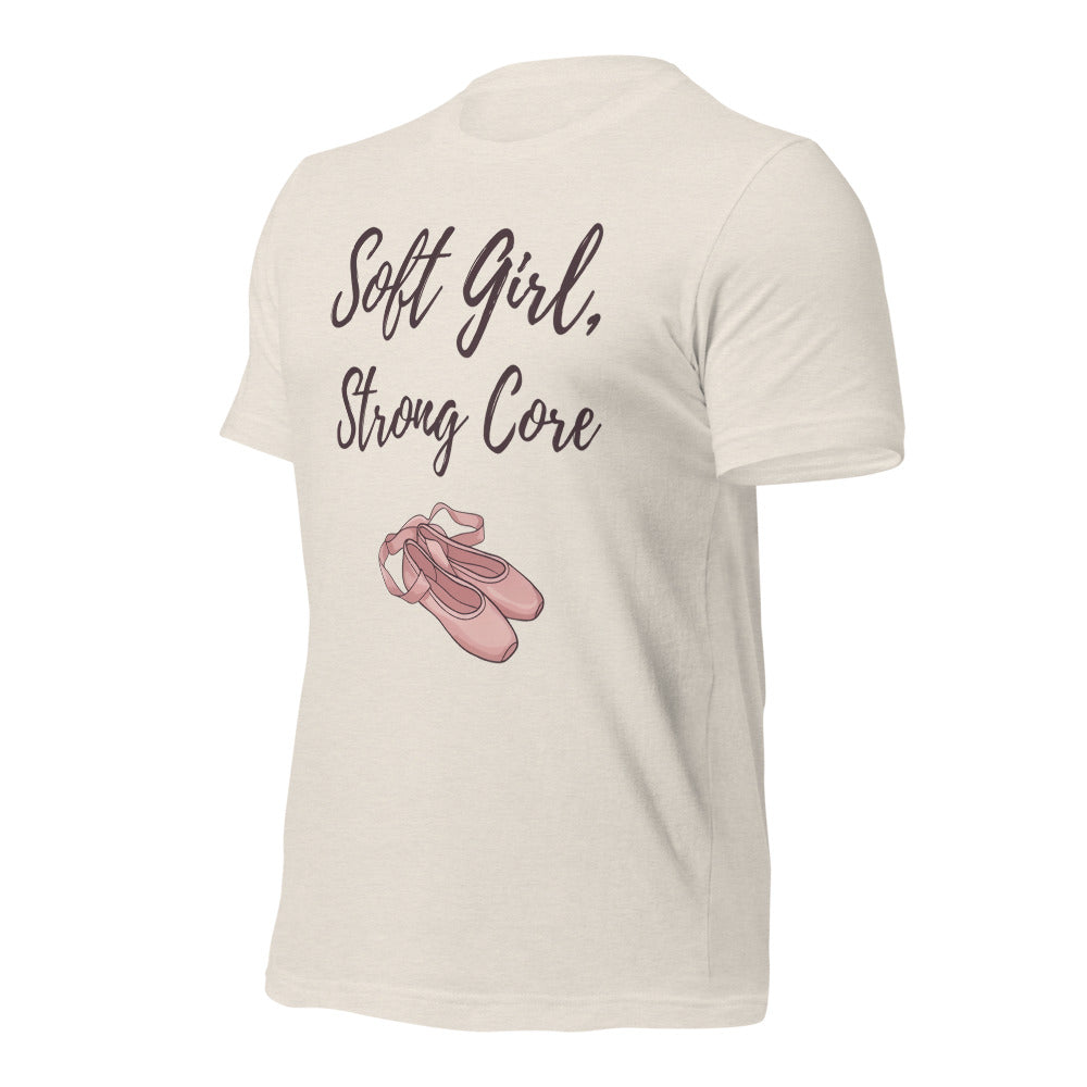Soft Girl Strong Core ballet coquette pilates tee — Heather Dust, front-right