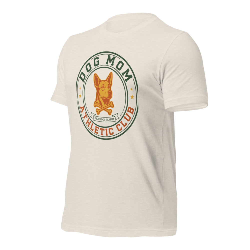 Dog Mom Athletic Club vintage varsity crest tee — Heather Dust, front-right