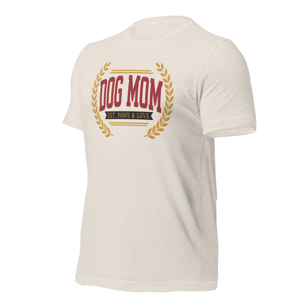 Dog Mom vintage varsity wordmark tee — Heather Dust, front-right